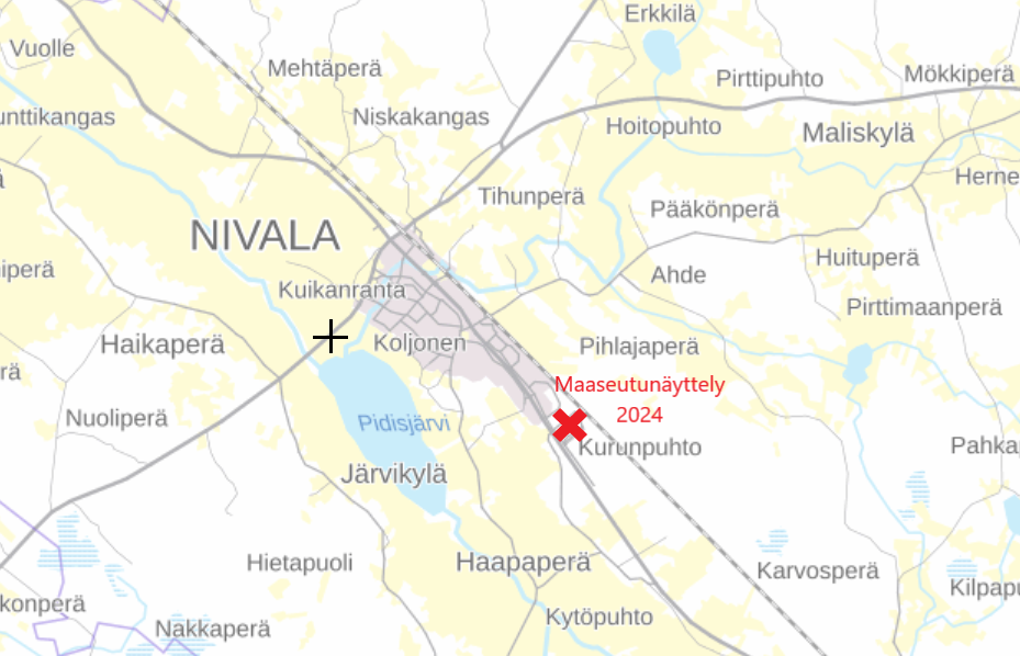 Tässä kuvassa on kartta Nivalasta ja siihen on merkitty paikka, jossa näyttely on vuonna 2024.